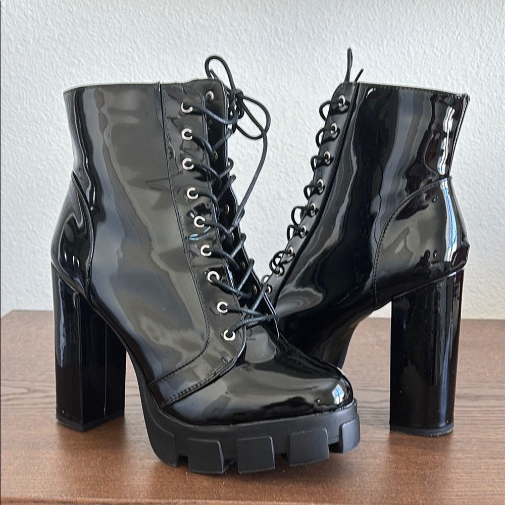 Black Patent Leather Lace-Up Ankle Boots